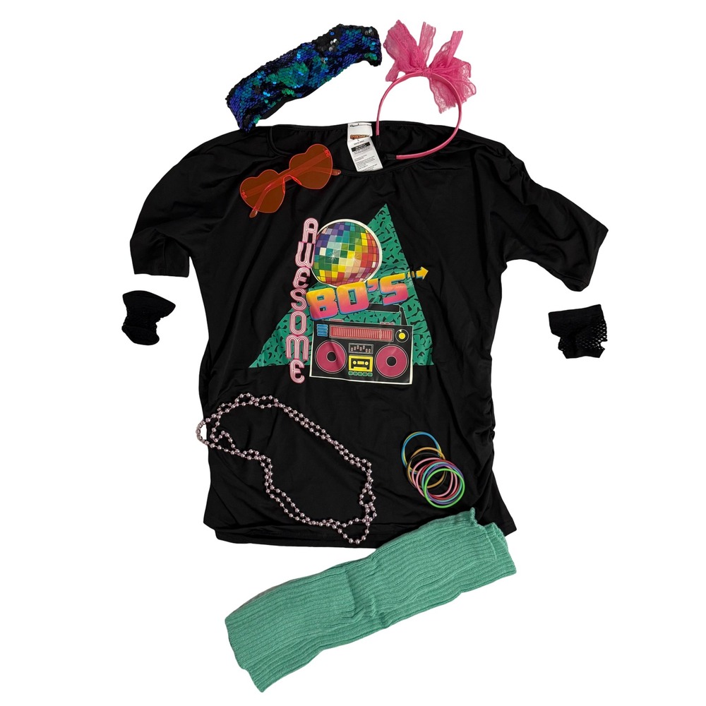 Spooktacular Creations 80s Costume Women L Black Excellent Retro Accessory Set